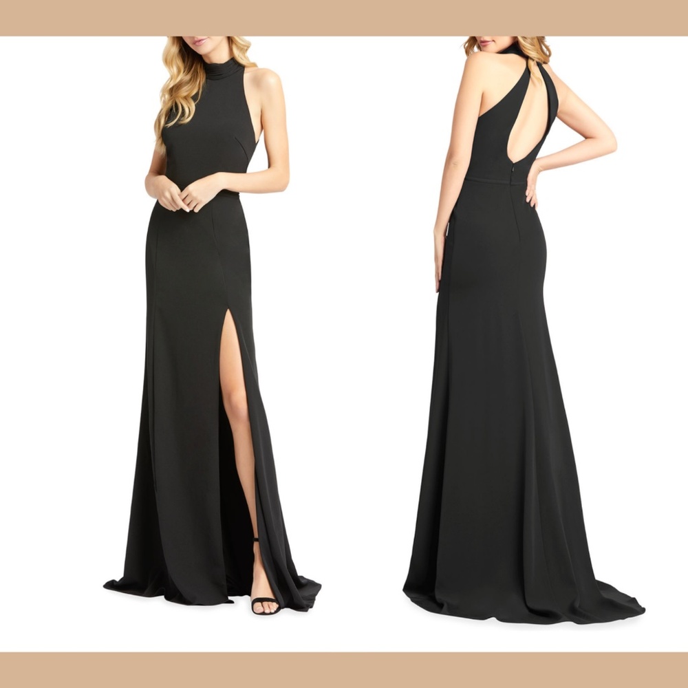 NEW $298 Ienna for Mac Duggal Cutout High Neck Back Jersey Gown Black [‎ SZ 0 ]